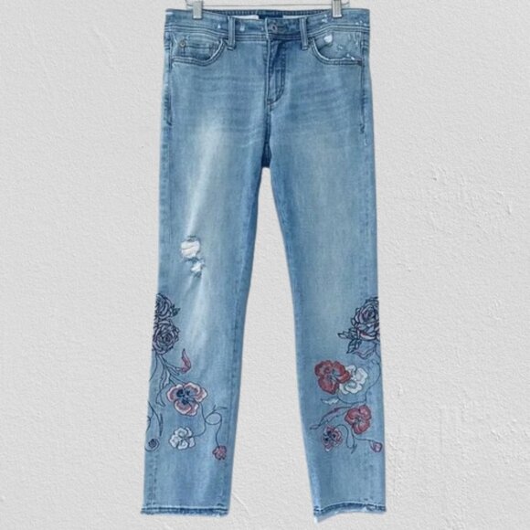 Anthropologie Pilcro Mid-Rise Slim Boyfriend Floral Embroidered Jeans Size 29 - Picture 2 of 13
